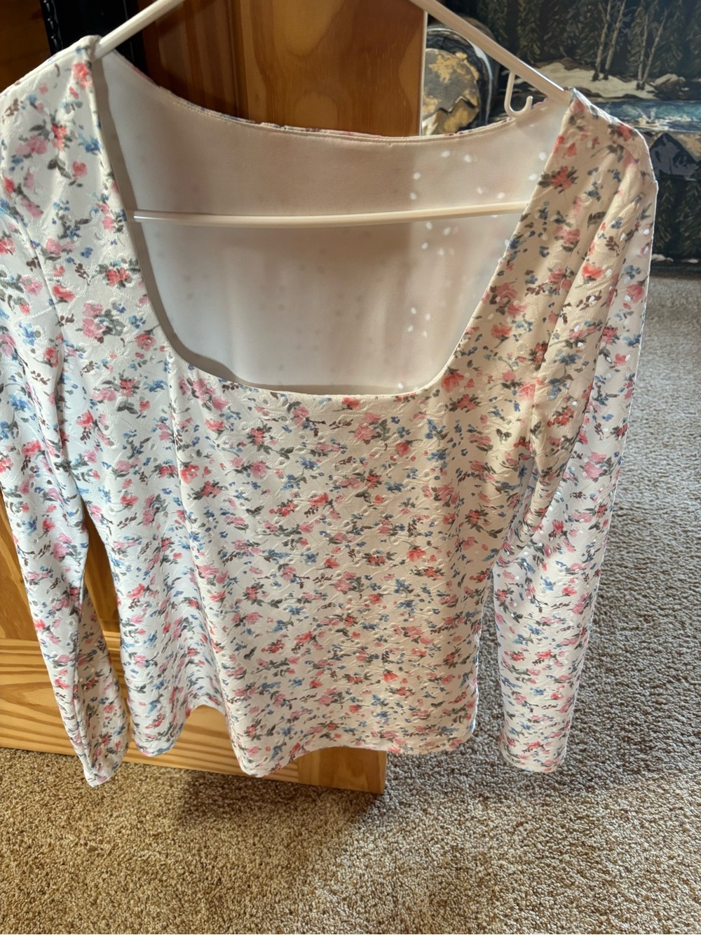 Women's Cream Floral Square-Neck Long Sleeve Top